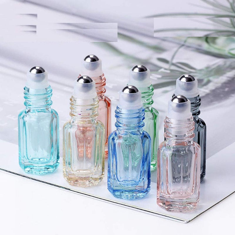 Luzen 12Pcs 3ml Colorful Octagonal Glass Roller Bottles Mini Essential Oil Massage Roll-on Bottle Vials Travel Cosmetic Perfume Sample Containers with Steel Ball Black Cap, 1PC Transfer Dropper and Funnel - Image 4